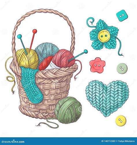 Set For Handmade Basket With Balls Of Yarn Elements And Accessories