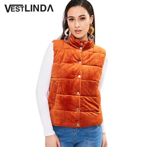 Vestlinda Velvet Vest Women Puffer Waistcoat Snap Button Stand Collar Sleeveless Thick Warm