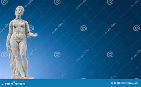 Panoramic Banner With An Ancient Roof Statue Of A Beautiful Renaissance Era Naked Woman At Old