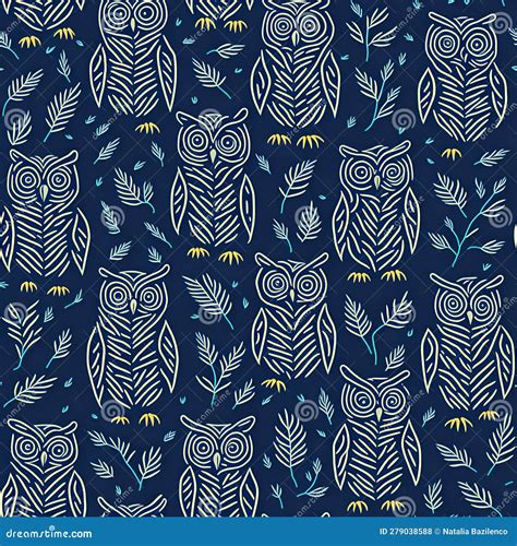 Seamless And Tileable Owl Background Pattern With Leaves Stock