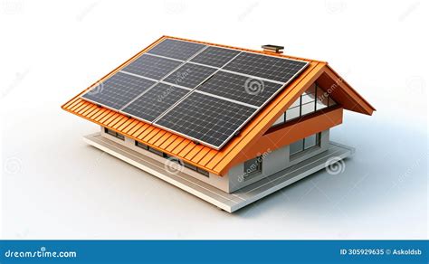 Paneles Solares En El Techo De La Casa Aislados En Blanco Stock De