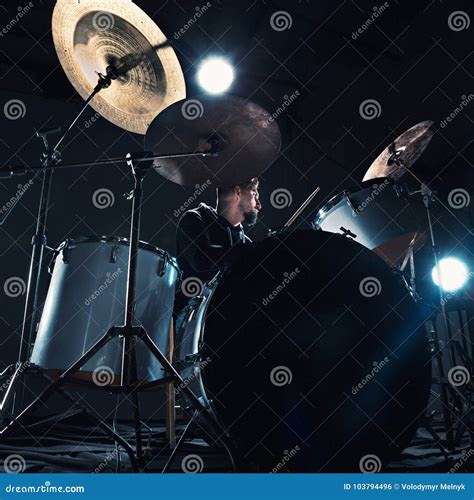 Drummer Rehearsing On Drums Before Rock Concert Man Recording Music On