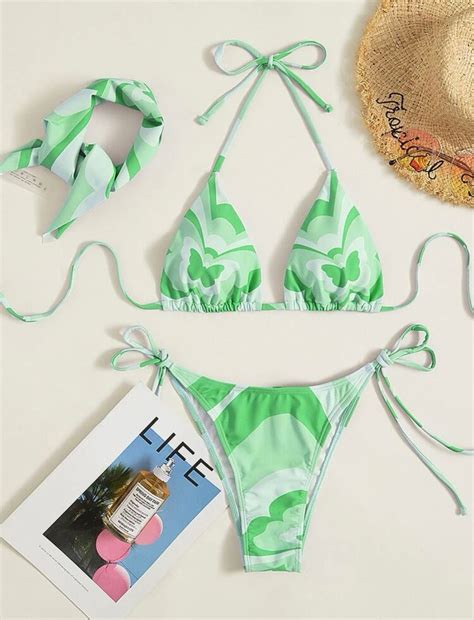 SHEIN Swim Vcay piezas con estampado de mariposa Bañador bikini triángulo Pañuelo VERDE