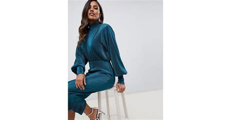 Asos Plisse High Neck Balloon Sleeve Open Back Midi Dress In Green Lyst