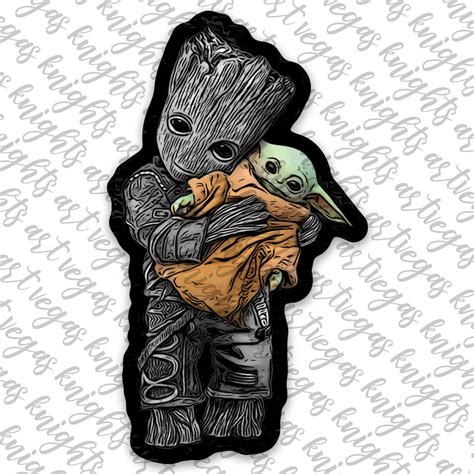 Star Wars Grogu Baby Yoda And Groot Illustration Vinyl Decal Etsy