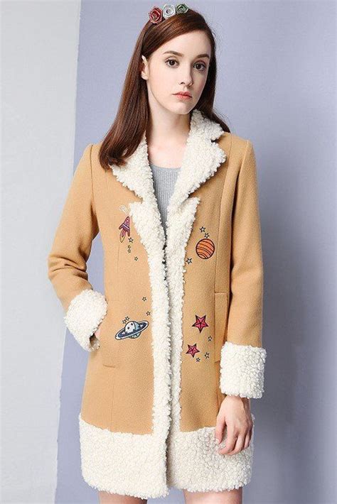 Planet Embroidery Lamb Wool Coat Girly Outfits Women Overcoat