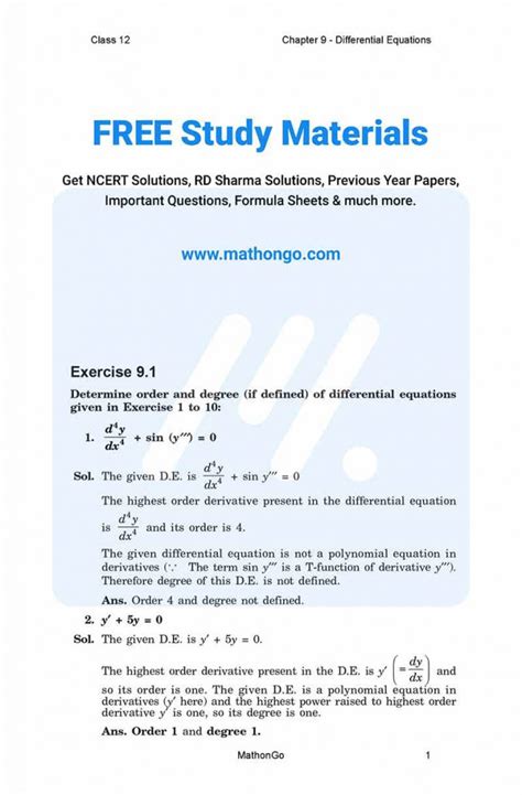 Ncert Solutions For Class Maths Chapter Differential Equations