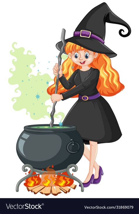 Young Beautiful Witch With Black Magic Pot Vector Image