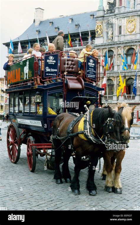 Horse Drawn Double Decker Bus In Grote Markt Stock Photo Alamy