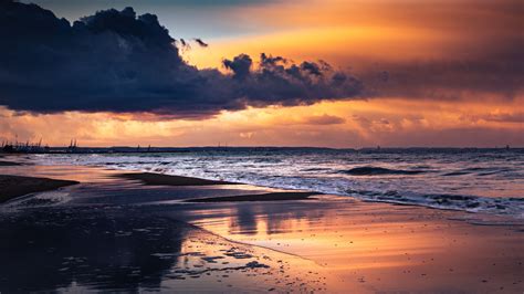 Sea Beach Waves Sand Under Black Clouds Sky During Sunset K Hd Nature