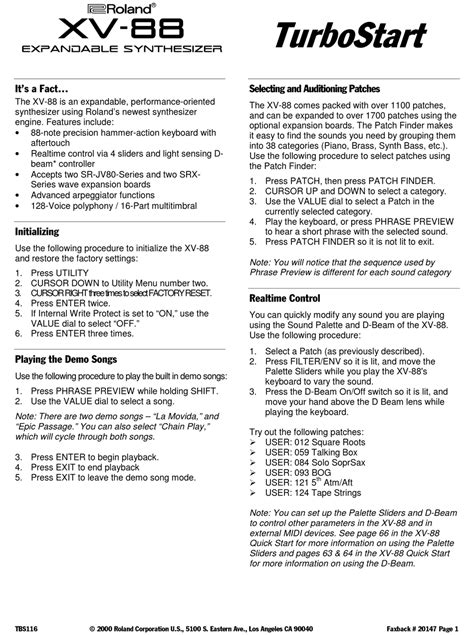 Roland Xv 88 Turbostart Pdf Download Manualslib