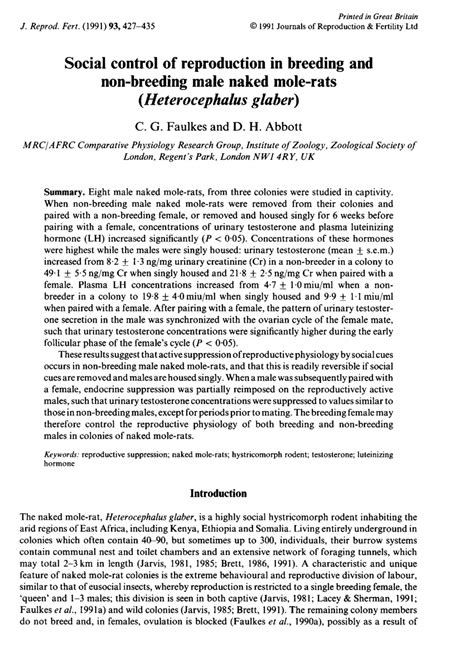 PDF Social Control Of Reproduction In Breeding And Non Breeding Male Naked Mole Rats