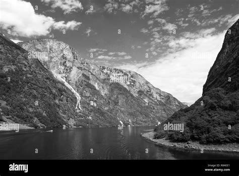 Norway Water Between Mountain Cliffs With Ships Norwegian Fjords