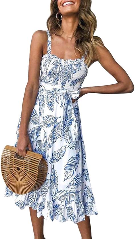 Onsoyours Sommerkleider Damen Ärmellos Träger Tunika Swing Kleid Boho Bedruckte Blätter