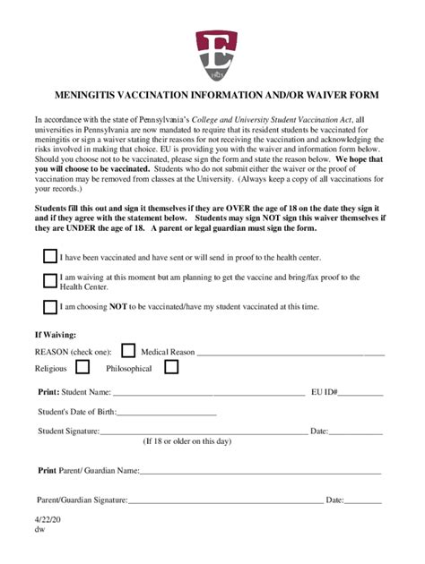 Fillable Online MENINGITIS VACCINATION INFORMATION AND OR WAIVER FORM