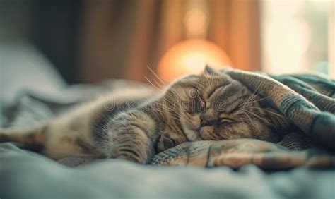 Cute Scottish Fold Cat Sleeping on Bed at Home. Pet Care Stock ...