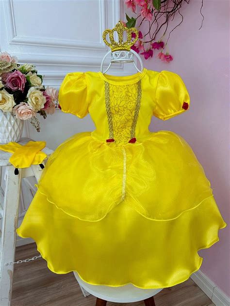 Fantasia Princesa Bela E A Fera Amarelo C Luva E Tiara Madame Mirim