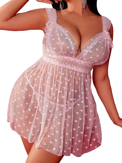 Soly Hux Women S Plus Size Lingerie Mesh Sheer Heart Print Babydoll Sleepwear Chemise With Thong