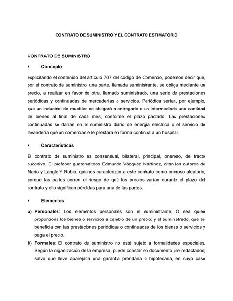 Contrato De Suministro Y El Contrato Estimatorio Contrato De