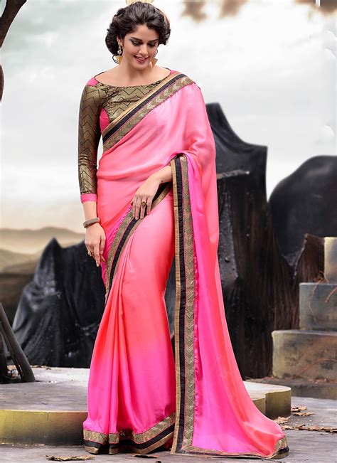 Attractive Hot Pink Ombre Satin Saree