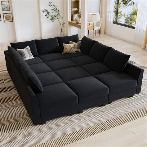 Honbay Extra Large Velvet Modular Sofa Bed With Storage Black