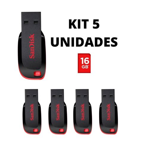 Kit 5 Pen Drive Sandisk Cruzer Blade Usb 2 0 16GB Modelo Lâmina Cruzada