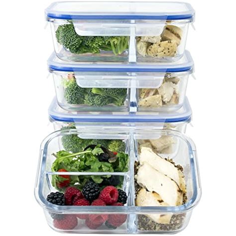 Large Premium 4 Pack 3 Compartment Glass Meal Prep Containers W New