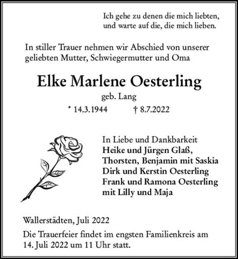 Traueranzeigen Von Elke Marlene Oesterling Vrm Trauer De