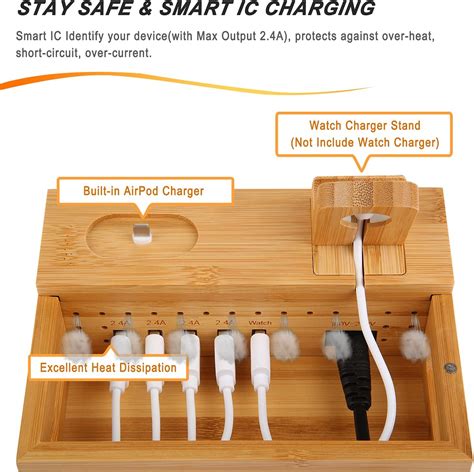 Estación de carga de bambú para múltiples dispositivos con 5 puertos de