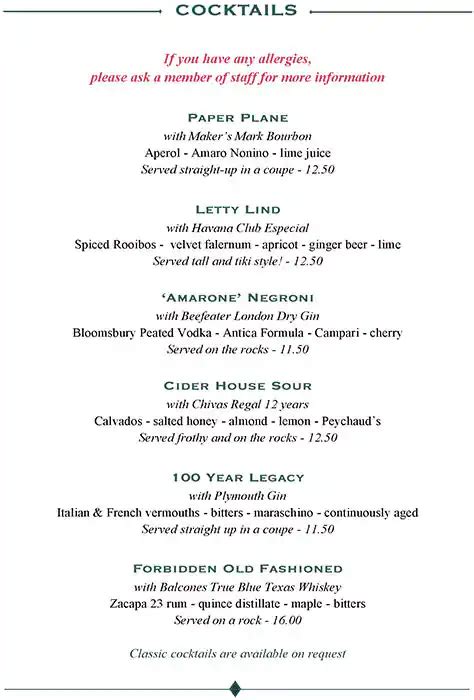 Menu at The Ivy restaurant, London, 1-5 West St