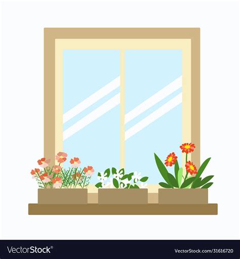 Closed Window And Flowers On Windowsill Royalty Free Vector