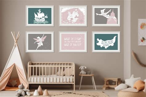 Peter Pan Neverland Quotes And Map Set Of Art Unframed Prints Mod Green Mushroom Nude Pink