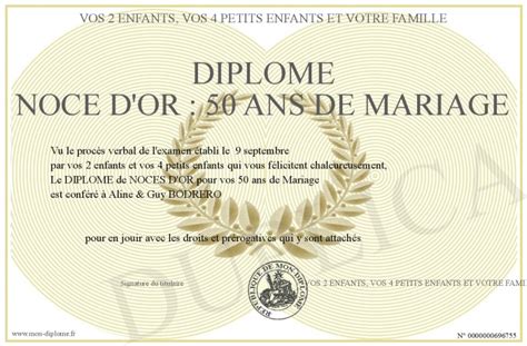 Diplome NOCE D OR 50 ANS DE MARIAGE