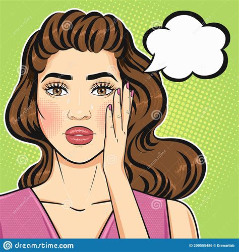 Cartoon Pop Art Woman Crying Face With Teardrops And Speech Cloud In