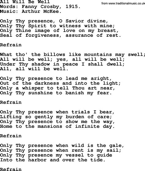 Hymns About God S Forgiveness Title All Will Be Well Lyrics With Pdf