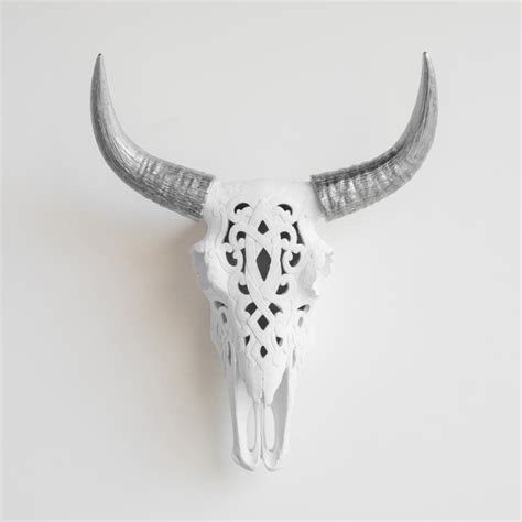 Faux Cow Skull Decorative Carved Bison Skull Wall Decor White And Silver Southwestern Wall