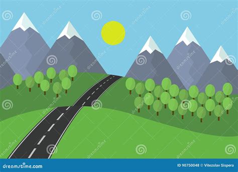 Cartoon View Of The Asphalt Road Leading Landscape With Grass And Trees