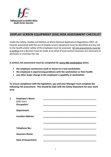 Display Screen Equipment Dse Risk Assessment Checklist Docest