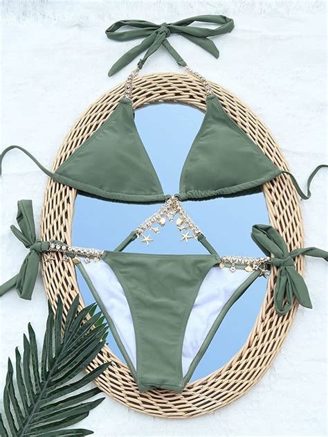 Women S Trendy Piece Triangle Bikini Set Rhinestone Halter Bathing Suit Swimsu Ebay