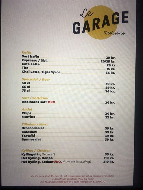 Menu at Le Garage restaurant, Klitmøller