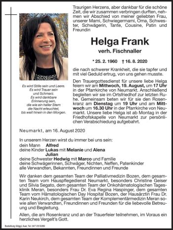 Traueranzeigen Von Helga Fischnaller Trauer Bz