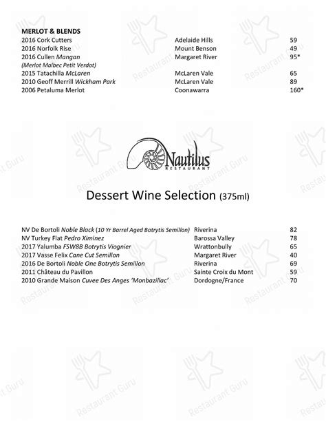 Menu at Nautilus Restaurant, Port Douglas