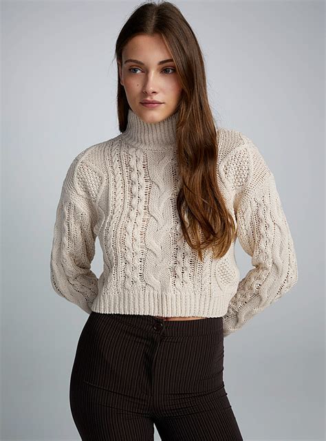 Cropped Cable Knit Mock Neck Sweater Twik Shop Womens Turtlenecks