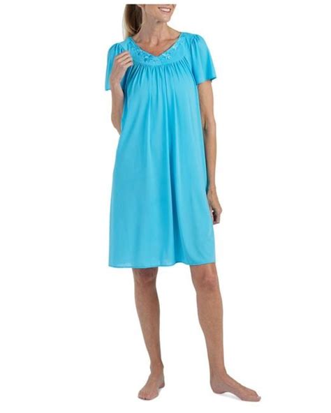 Miss Elaine Synthetic Short Sleeve Embroidered Nightgown In Sky Blue