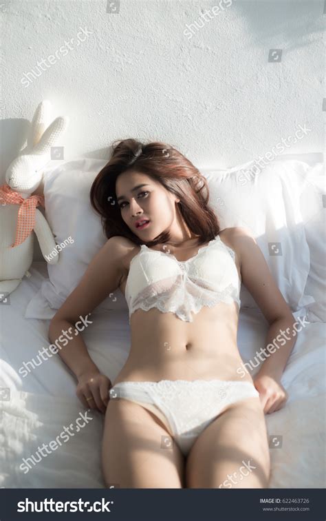 Sexy Beautiful Asian Woman White Lingerie Stock Photo