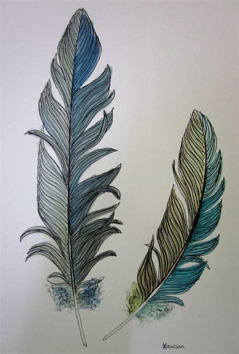 2 Blue Feathers Original Ink And Watercolour Drawing