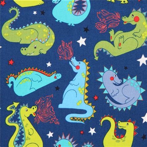 Blue Alexander Henry Fairy Tale Baby Dragon Fabric 4 Pattern Design