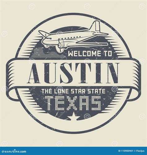 Stamp Or Tag With Airplane And Text Welcome To Texas Austin Stock