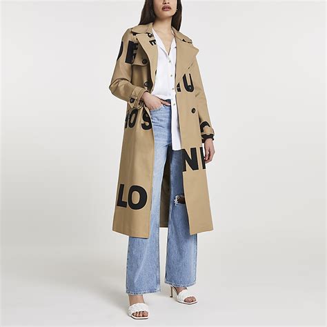 Beige Tie Waist Graphic Trench Coat River Island