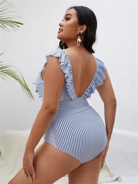 Shein Swim Vcay Plus Striped Ruffle Trim One Piece Swimsuit Shein Usa